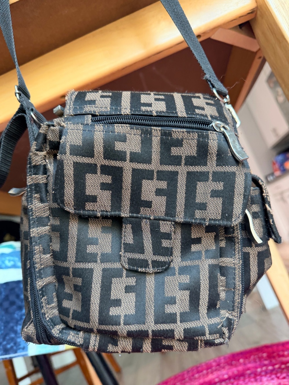Source Unknown Black and Brown Geometric Crossbody Bag